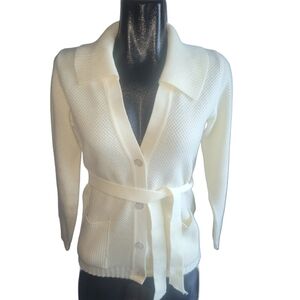Vintage 80's White Open Front Cardigan with Matching Belt M